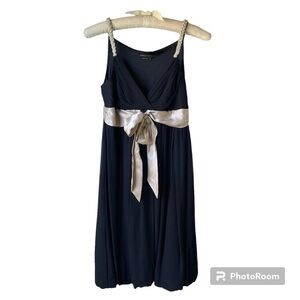 BCBGMaxAzria Y2K Silk Beaded Strap Tie Waist Bubble Hem Dress Black/Pink Sz 6